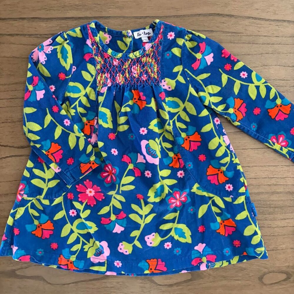Le Top Corduroy Smock Dress with Flowers -12 Mo